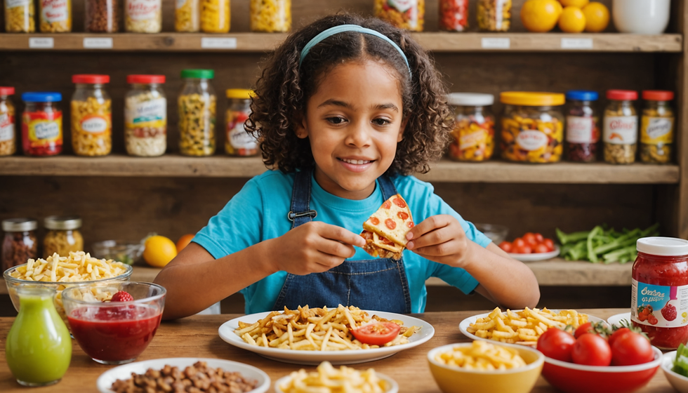 Girl eating pizza surrounded by healthy foods
