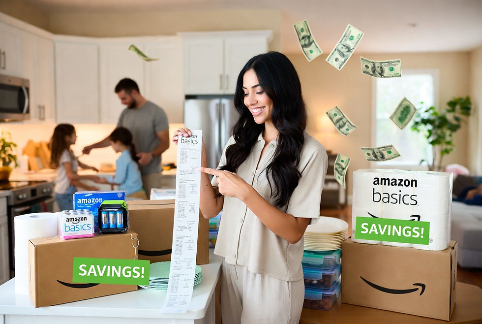 "Beautiful young Hispanic woman in her early 20s happily showing a long grocery receipt and pointing to her savings. She stands in a cozy home with Amazon Basics bulk items like toilet paper, paper towels, batteries, trash bags, and more around her. Family visible smiling in the background with floating dollar bills and green SAVINGS tags