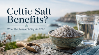 Celtic Salt Benefits text with a bowl of Celtic Salt and beach in the back ground
