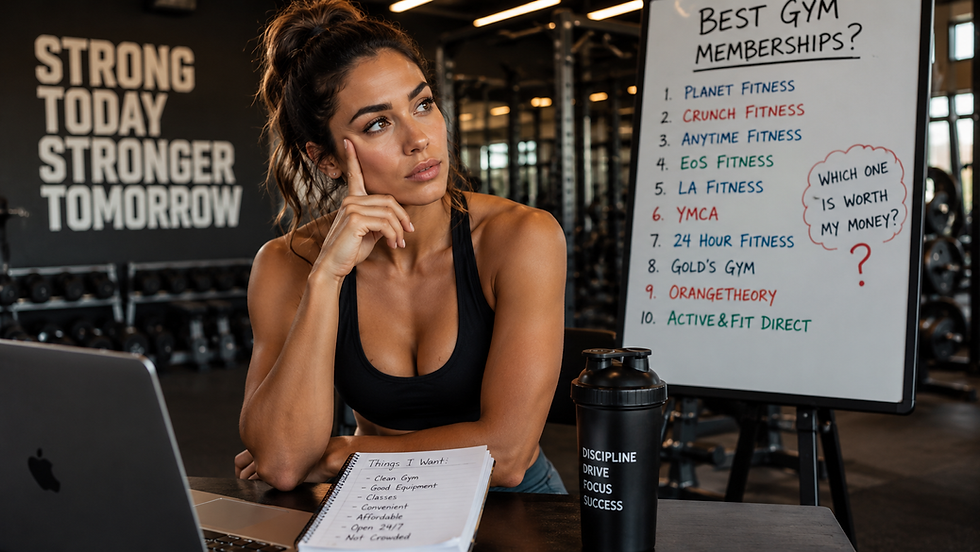 Fit woman in a modern gym comparing the best national gym memberships, sitting thoughtfully beside a ranking board featuring top fitness chains, surrounded by workout equipment in a professional fitness center.