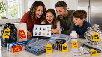 Family of four excitedly comparing lower-priced household essentials in a bright kitchen, including batteries, foil, storage containers, cleaning cloths, charging cables, and pain reliever, with colorful savings tags and a cash-filled piggy bank.