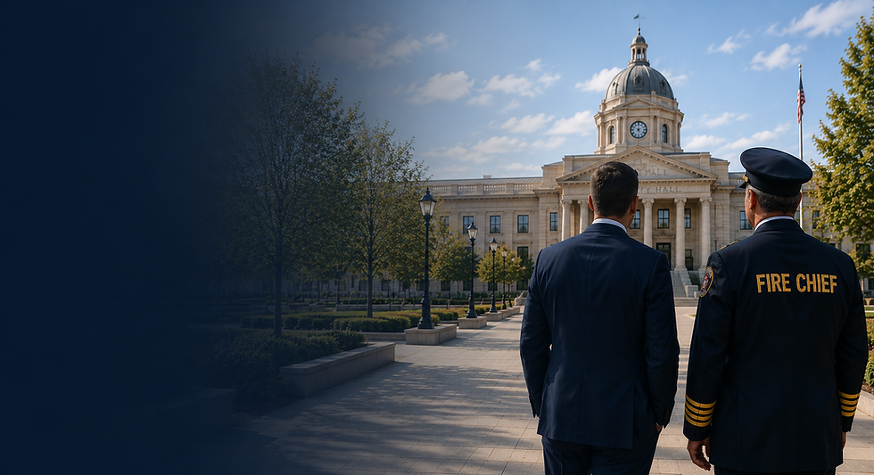 Ontario municipal leader and fire chief outside a government building