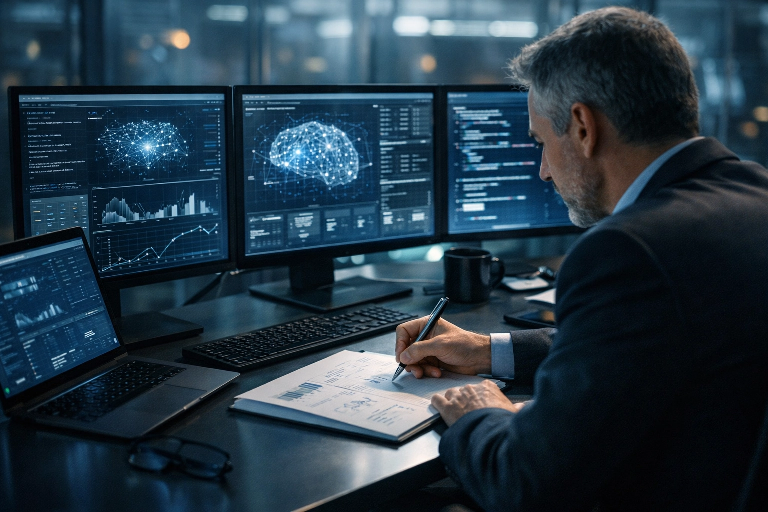 A strategist reviews AI-driven research and planning signals with human oversight, showing where technology supports decisions instead of making them alone.
