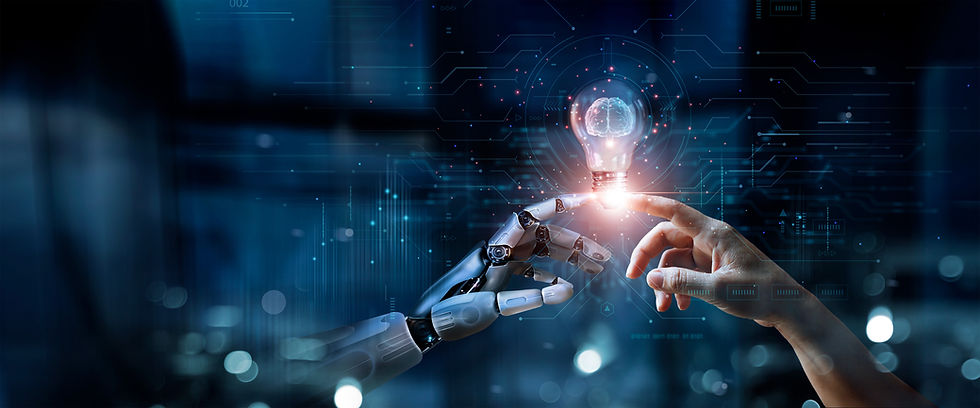 Human hand and robotic hand reaching toward a glowing light bulb representing AI innovation and Generative Engine Optimization (GEO) technology.