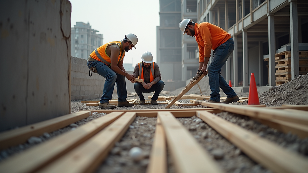 Eye-level view of a construction site with workers collaborating on a project