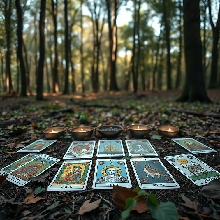 a tarot card spread laid out in a forest.jpg