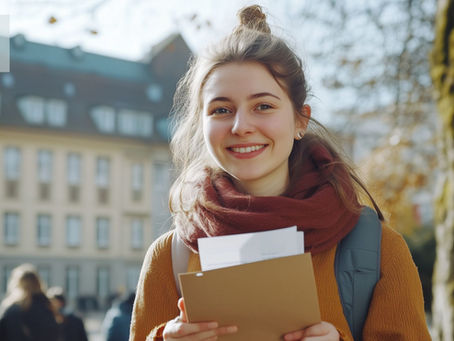 Studentin steht mit Krankschreibung vor der Uni