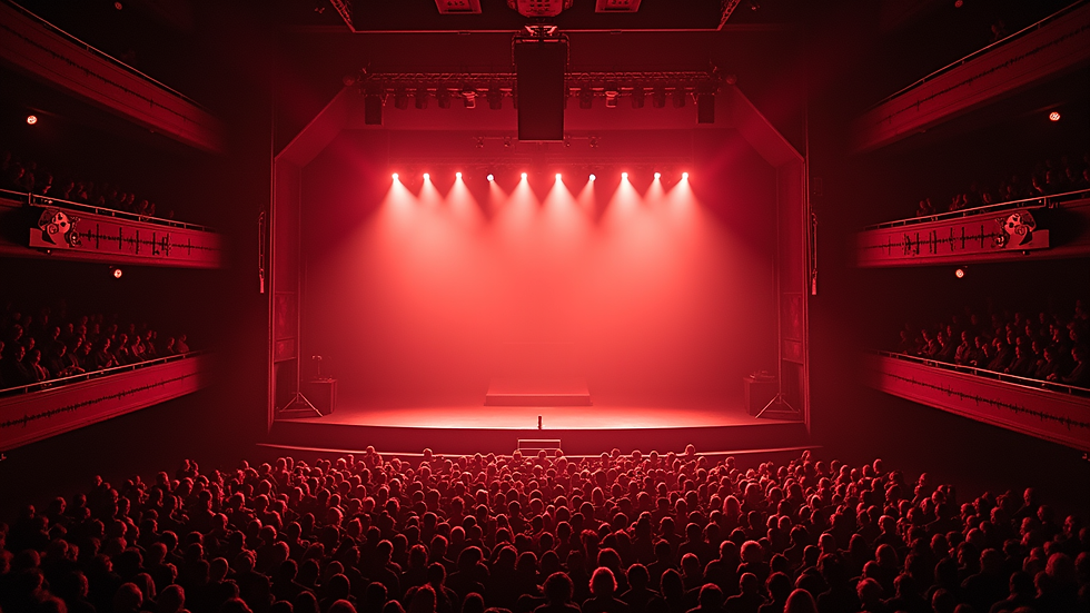 High angle view of a Parisian concert venue with stage lighting