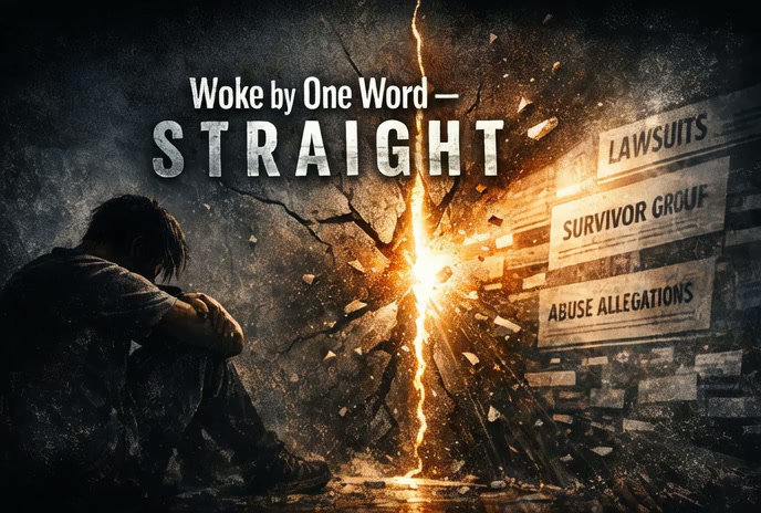 The program on television — a broadcast still of Straight, Inc. captioned “Woke by One Word”