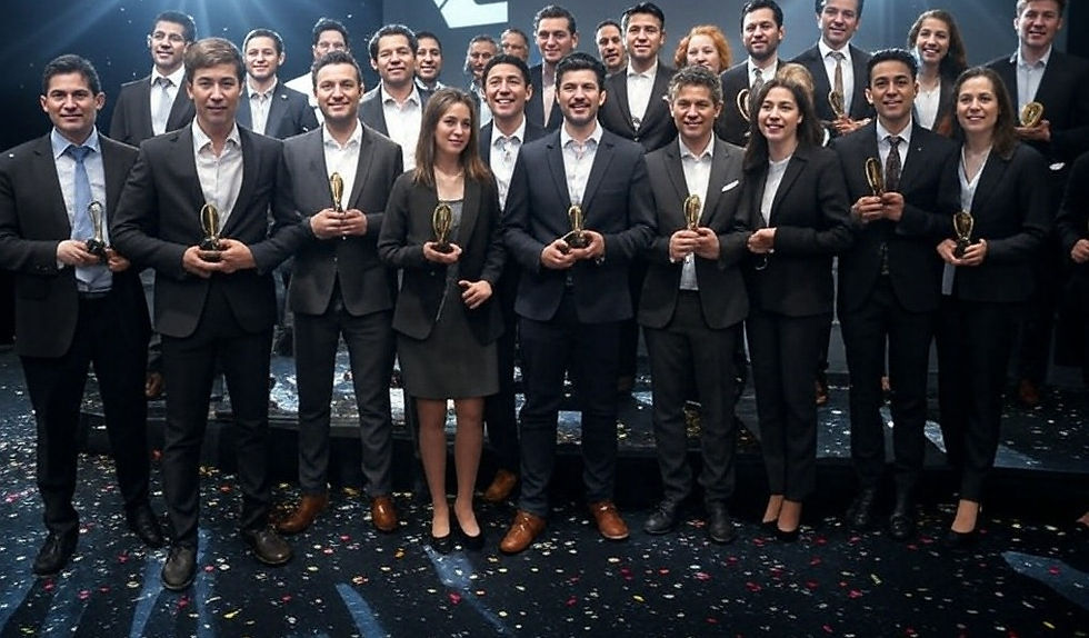 A startup team standing on a stage