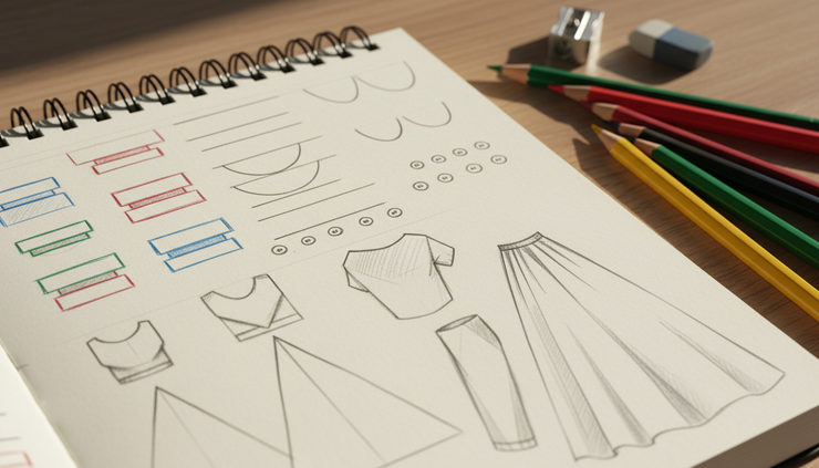 Close-up view of pencil sketches showing fashion lines shapes and garment forms