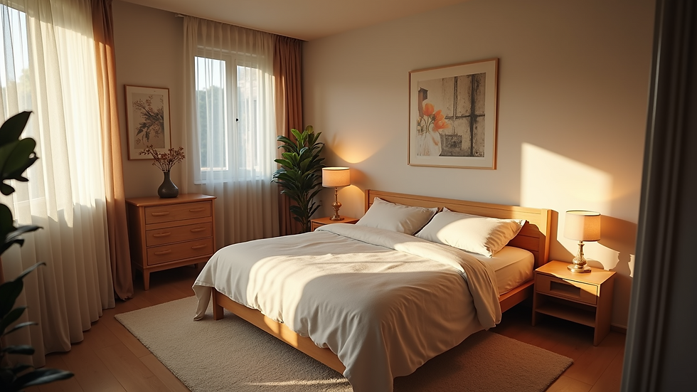 High angle view of a cozy bedroom with soft lighting and inviting decor
