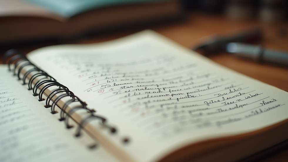 Close-up view of an open notebook with handwritten notes