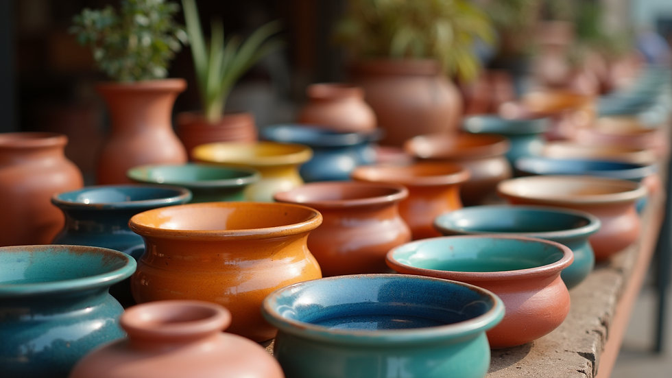 High angle view of colorful pottery displayed in Kumarapuram village