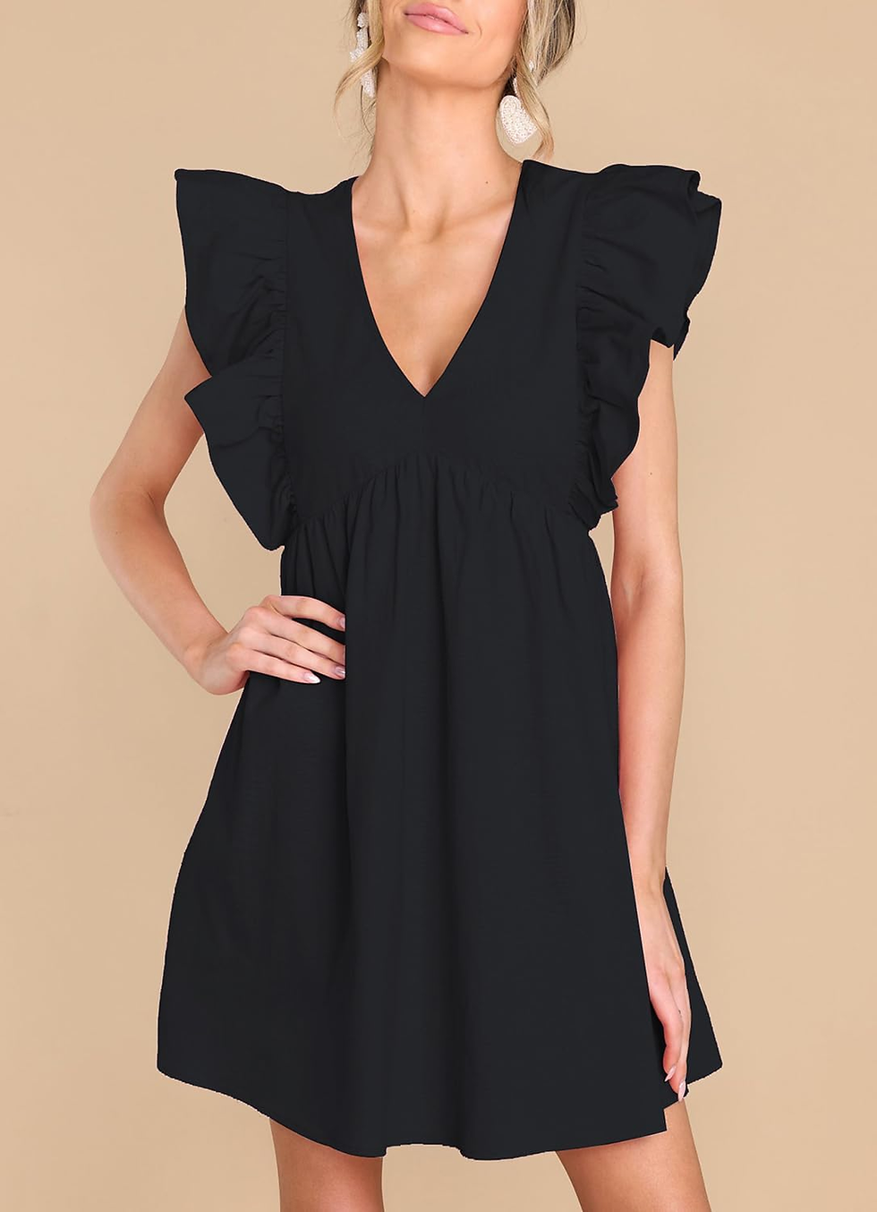 Thumbnail: Women'S Summer Casual Babydoll Mini Dress Ruffle Sleeveless Deep V Neck Pleated 