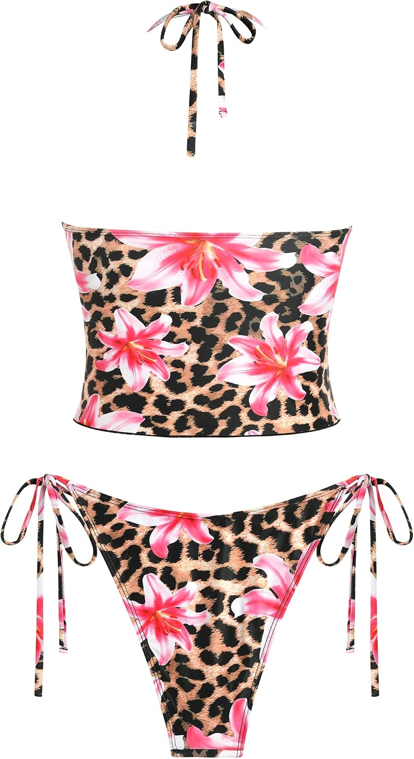Thumbnail: Floral Twist Bikini Set for Women Halter Tankini Tie Side String Swimsuit Two Pi