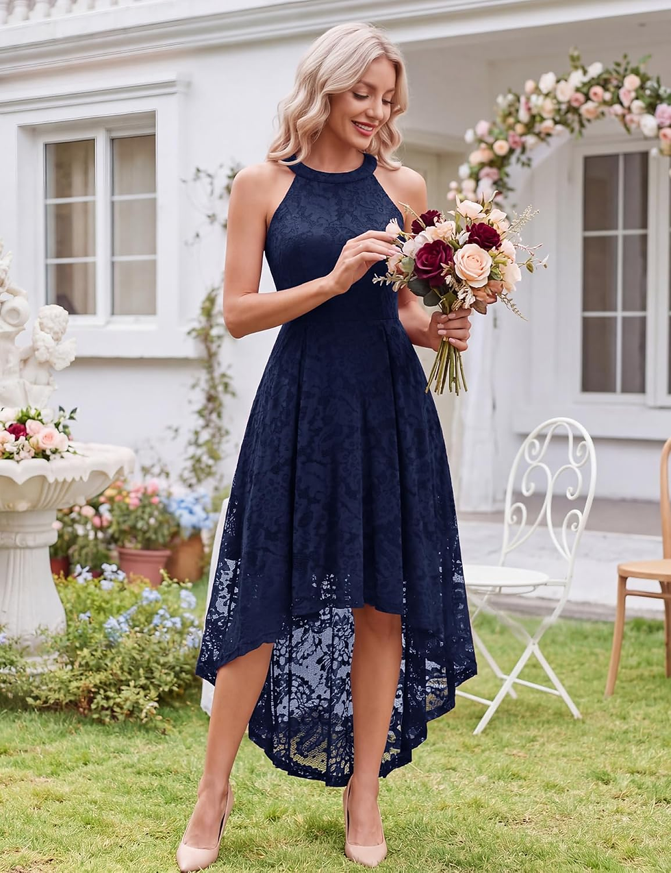 Thumbnail: Women Halter Lace Hi Lo Wedding Guest Cocktail Formal Dress | Bridesmaid Wedding