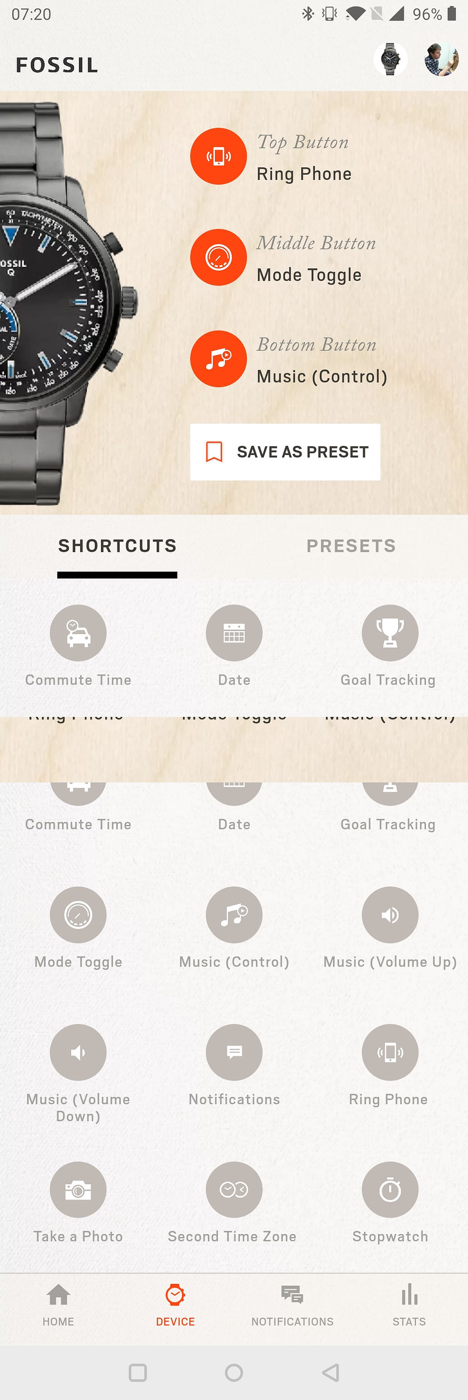 Fossil Q app buttons