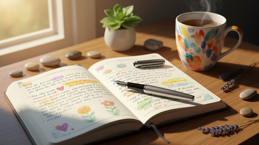 Close-up view of a journal and pen on a wooden desk, symbolizing reflection and mental health awareness