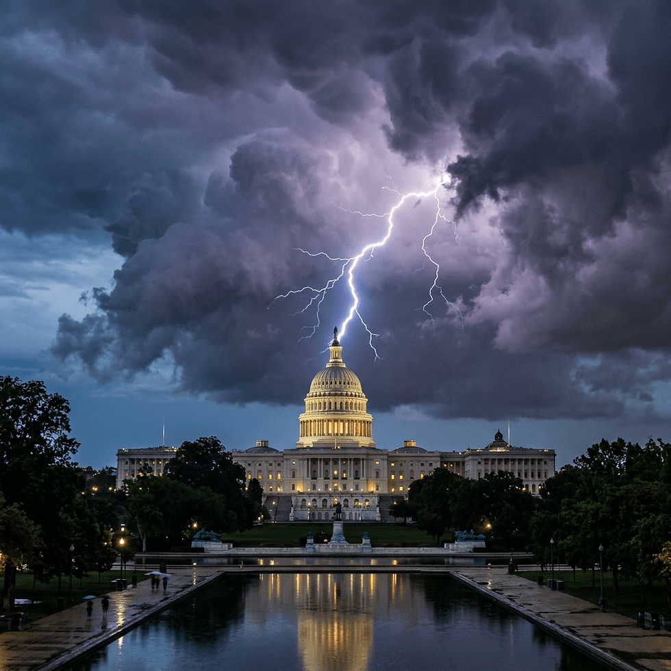 Lightning bolt hitting the US Capitol dome with dark storm clouds overhead
