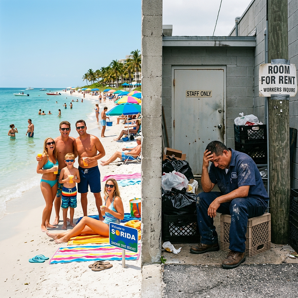Happy family enjoying a sunny beach day beside a weary man sitting outside near a staff door with a room for rent sign
