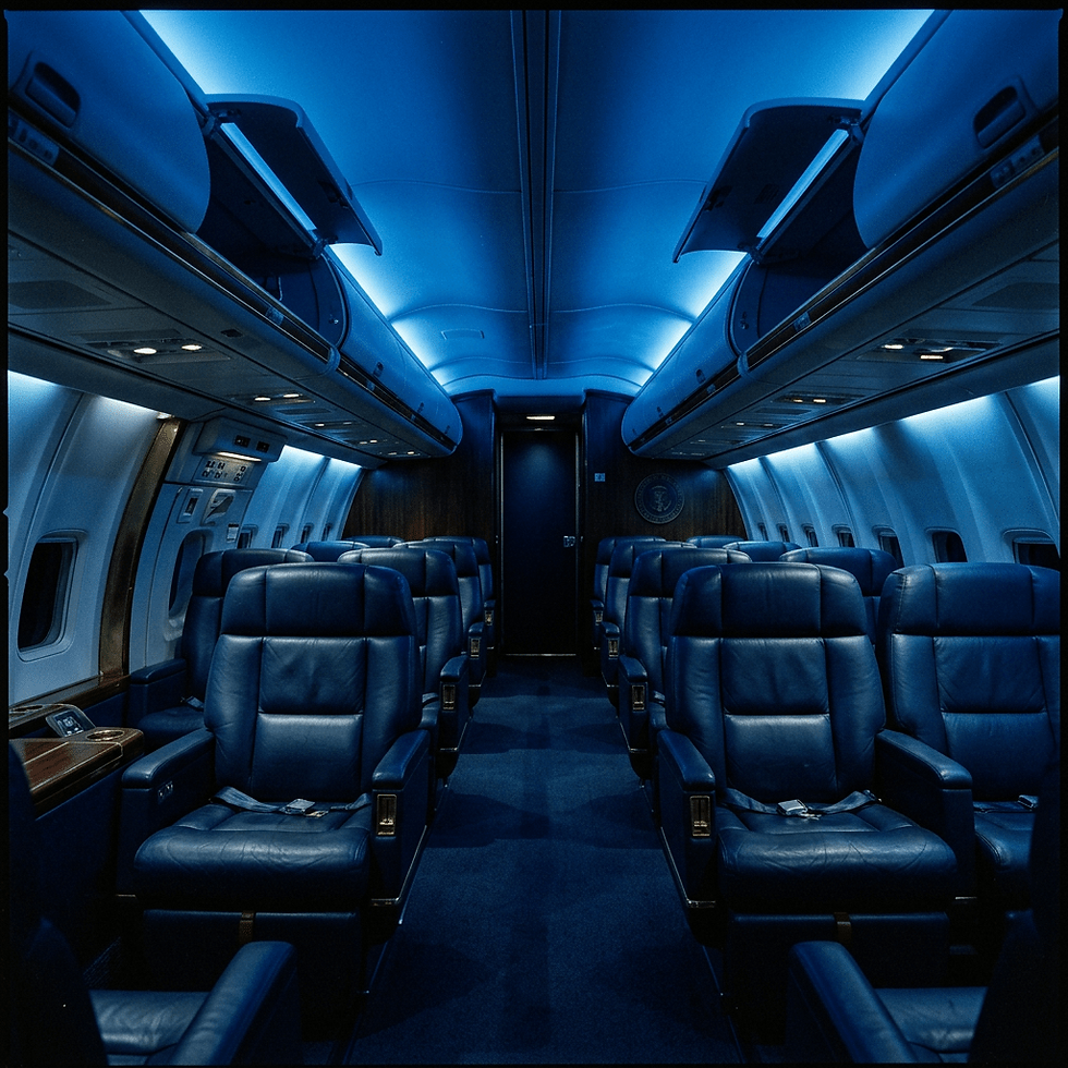 Luxurious blue leather seats arranged in rows inside a presidential airplane cabin