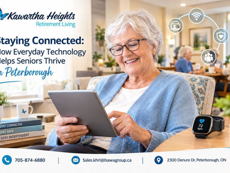 Senior woman using a tablet at Kawartha Heights Retirement Living in Peterborough