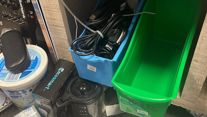 Blue bin. HDMI cords 