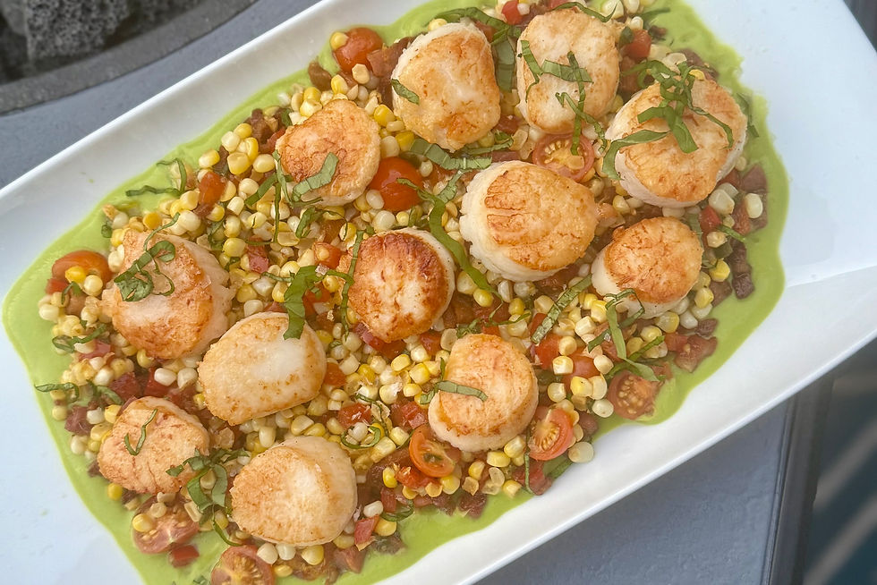 Seared Scallops with Sweet Pea Puree & Pancetta Succotash