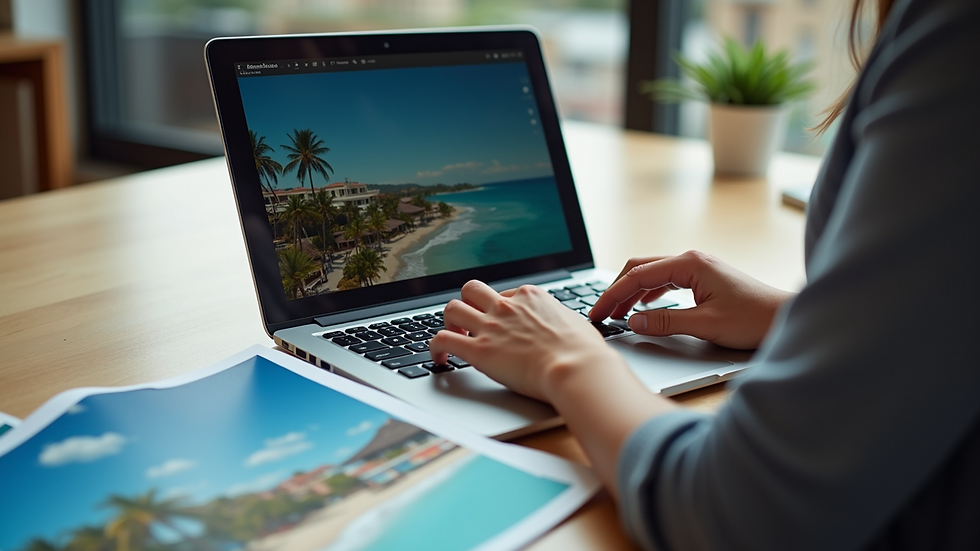 High angle view of a travel agent working on a laptop with vacation brochures