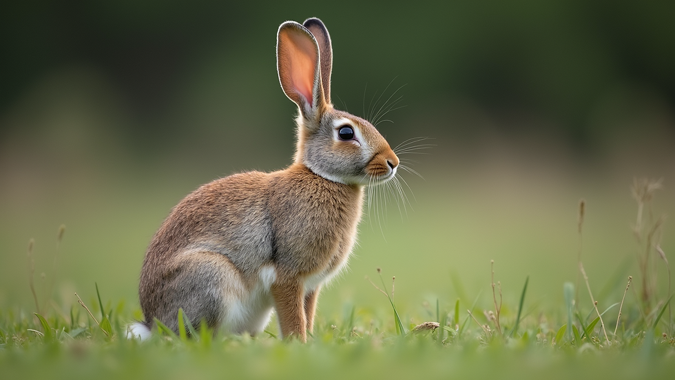 Eye-level view of a Flemish Giant rabbit sitting on a grassy field