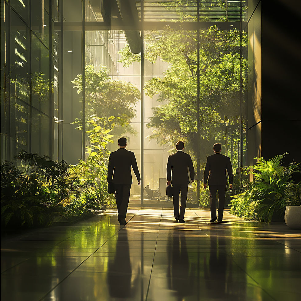 Three businessmen walking through a sunlit indoor garden office.