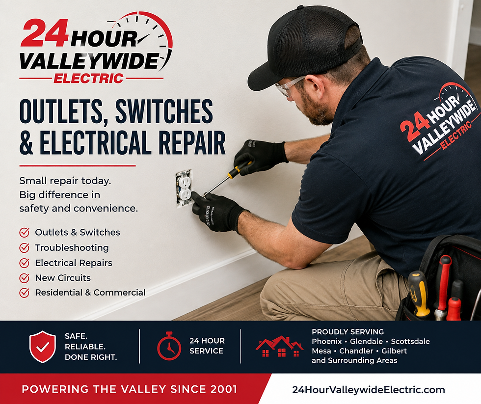 Electrician in black uniform repairs a wall outlet; ad for 24 Hour Valleywide Electric with service list.