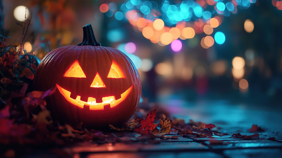 A glowing jack-o'-lantern casts a warm smile amidst professionally orchestrated Halloween lights, creating a magical and festive ambiance.