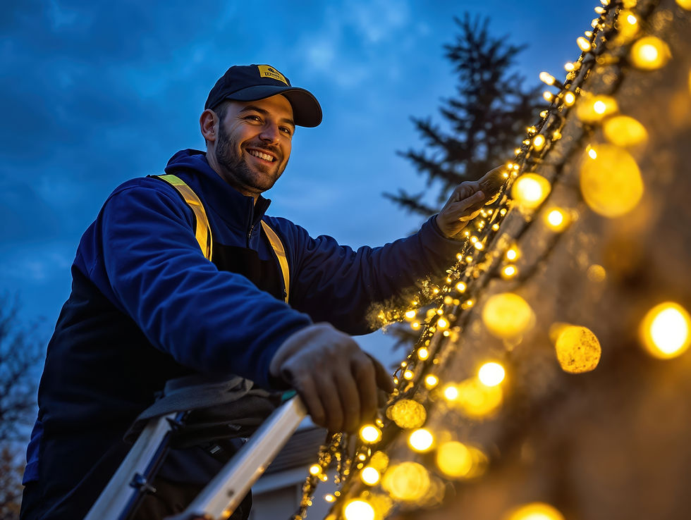 A skilled professional installs warm holiday lights with precision, bringing festive cheer as dusk falls.