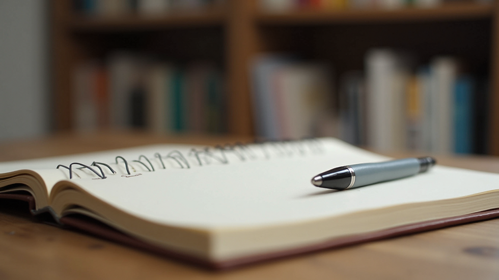 Close-up view of a journal and pen on a wooden desk