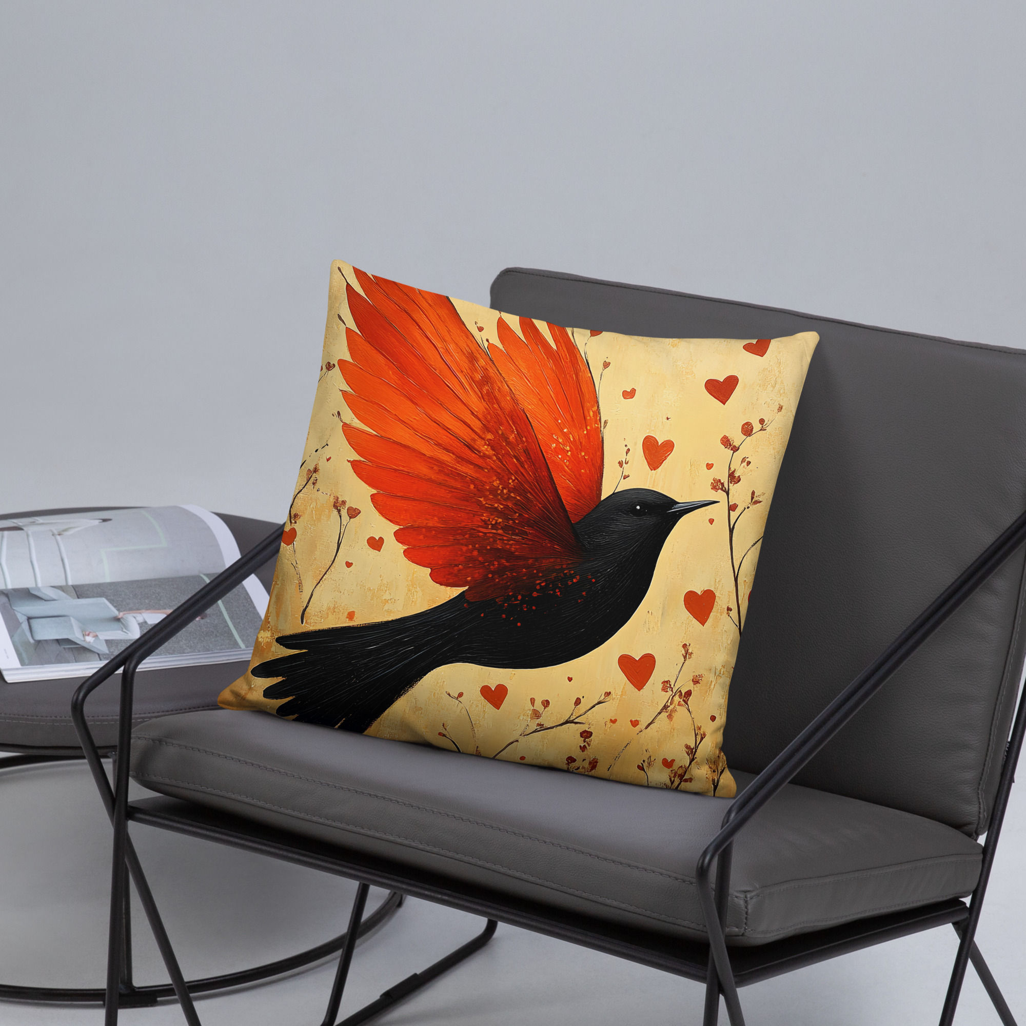 Elegant Black Bird with Red Wings Basic Pillow