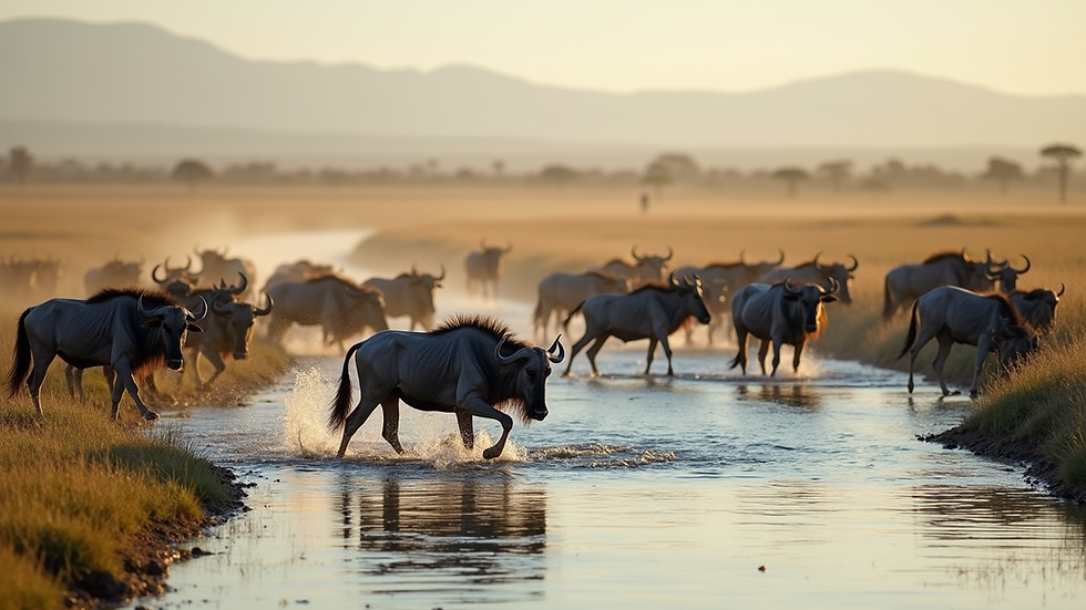 Wide angle view of wildebeest crossing a river in Serengeti