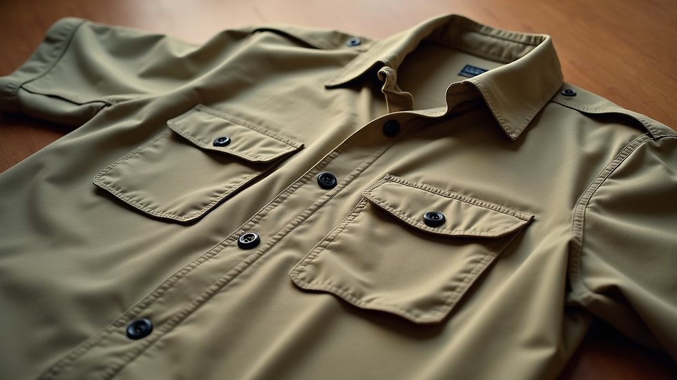 Eye-level view of khaki safari clothing laid out on a wooden surface