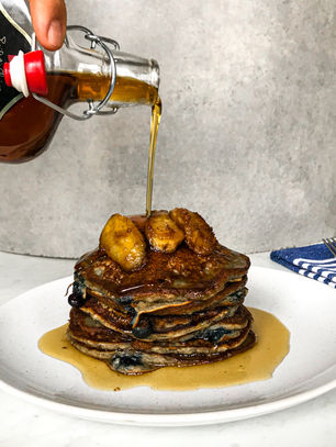 Caramelised Banana & Blueberry Chia Pancakes with Maple Syrup 