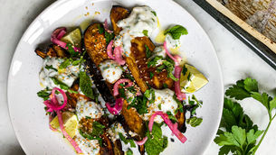 Miso Roasted Aubergine with Herby Yogurt, Ginger Pickled Red Onion & Sesame 
