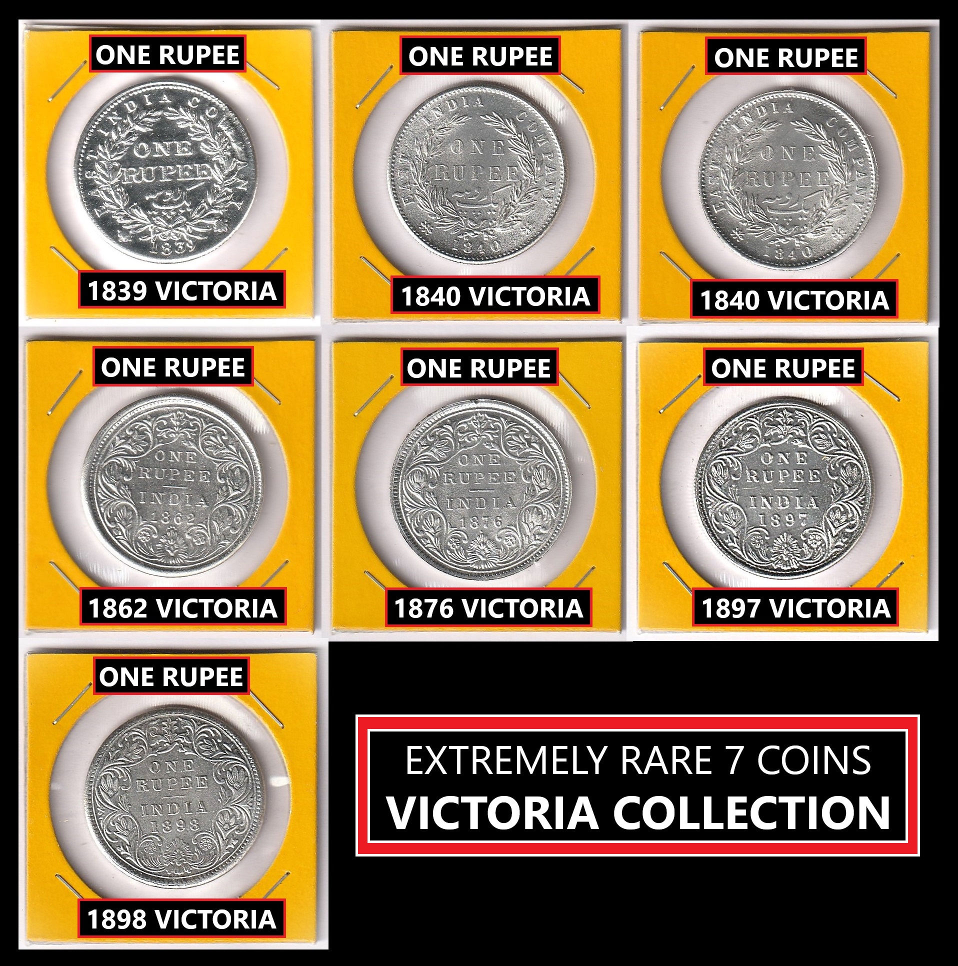 Set of 7 - 1 Rs. Mix Year **Victoria Queen** Old Rare Coin For Collection