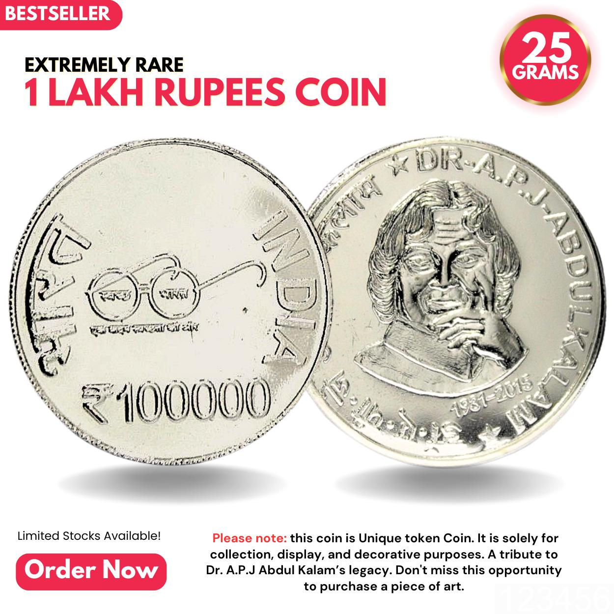 1 Lakh Rupees - Dr. APJ Abdul Kalam - Collectible Silverplated Rare Fancy Coin