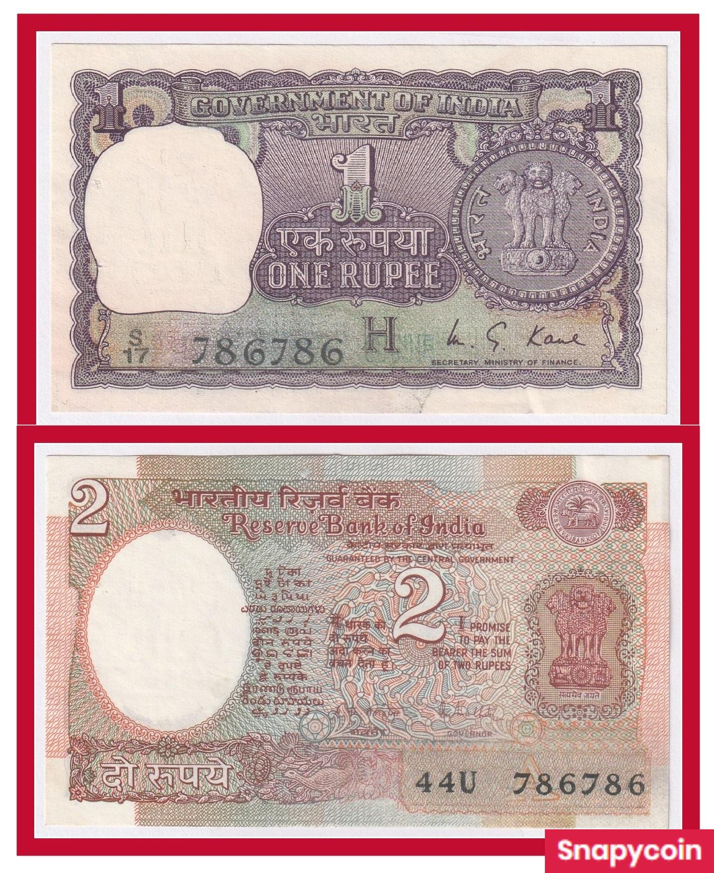 2 Notes 786786 Series - (Big Coin/Sattelite)1 Rs. India Old Notes for Collection