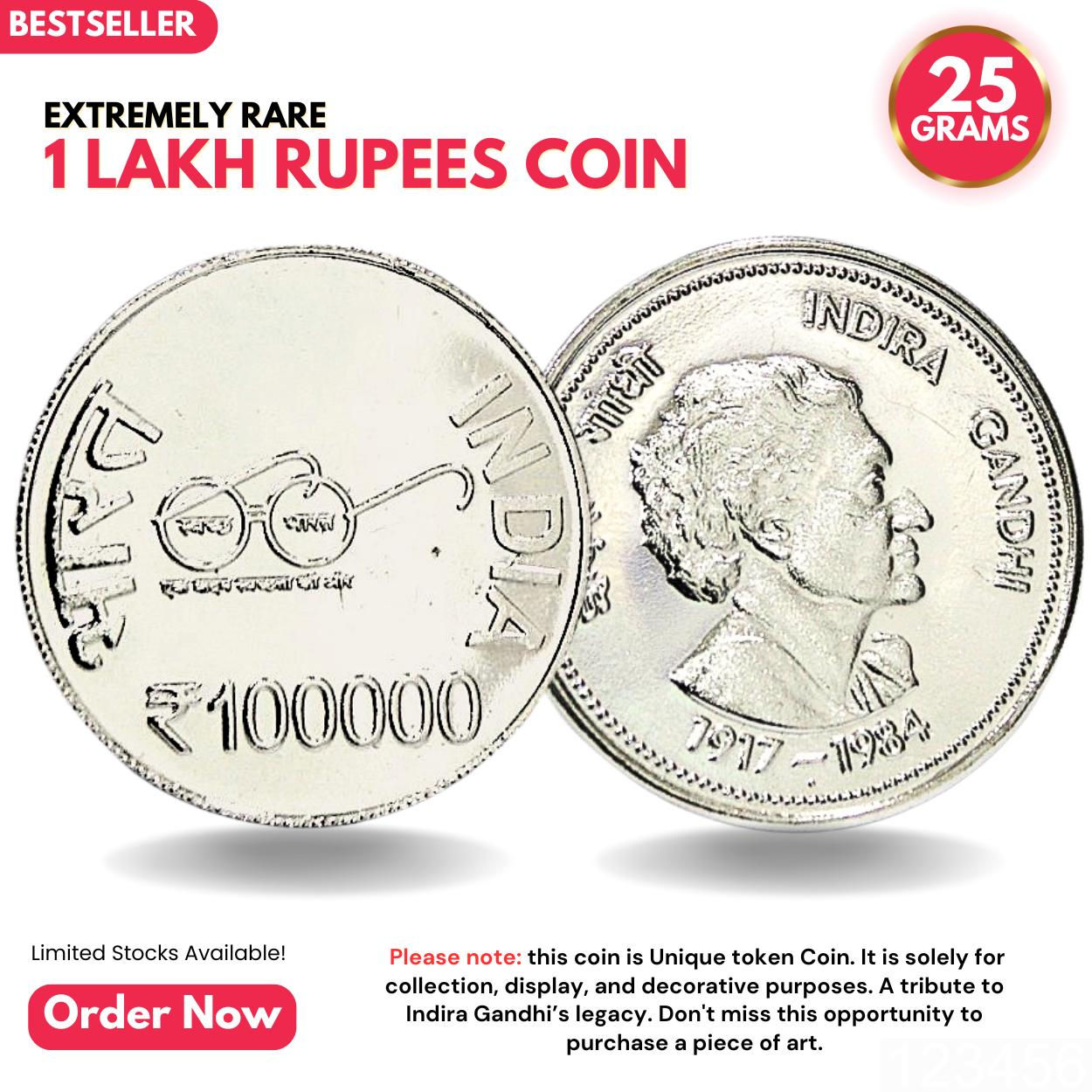 1 Lakh Rupees - Indira Gandhi - Collectible Silverplated Rare Fancy Coin