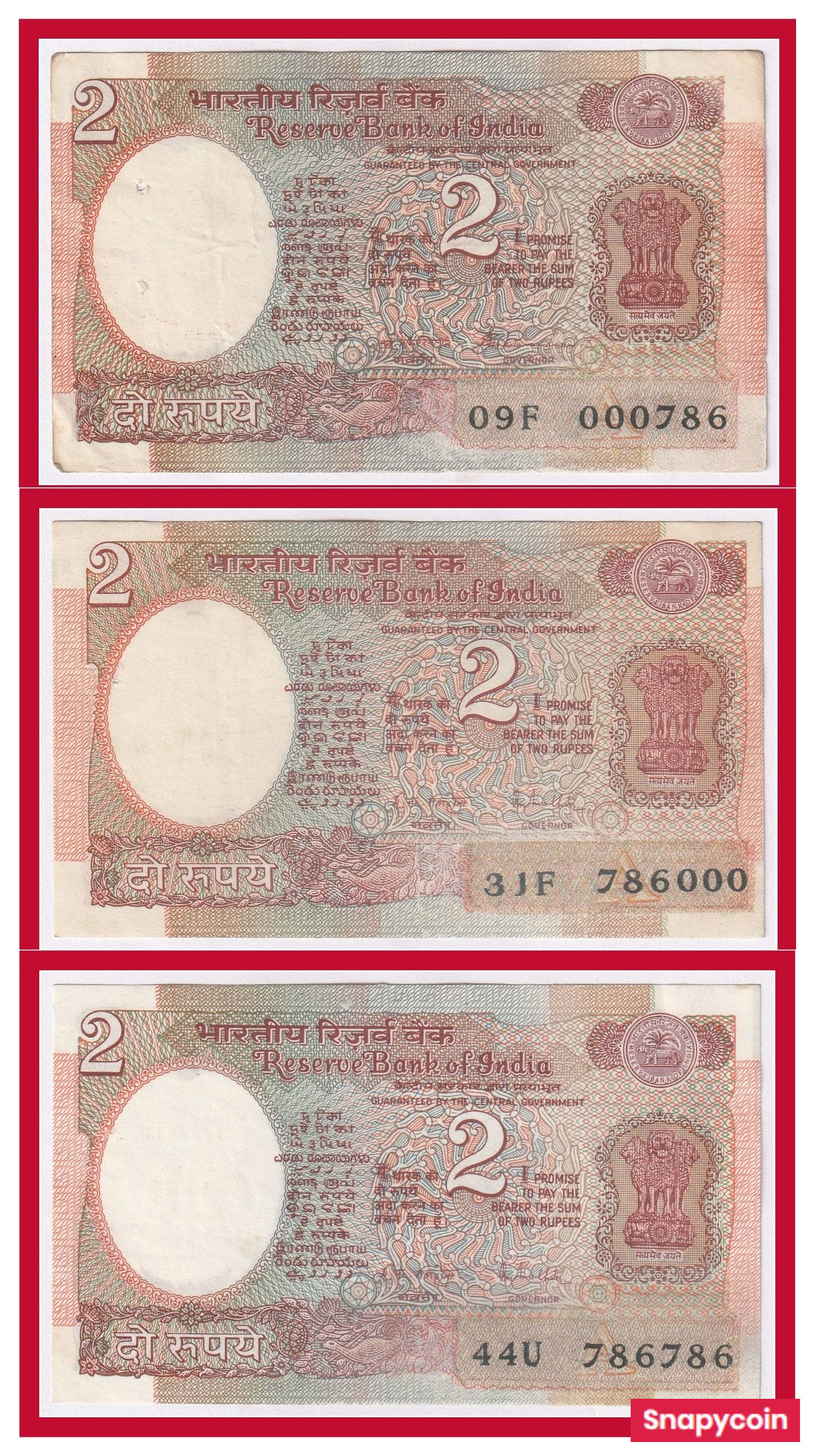 3Notes 000786-786000-786786 Series-2 Rupee(Sattelite) India Notes for Collection