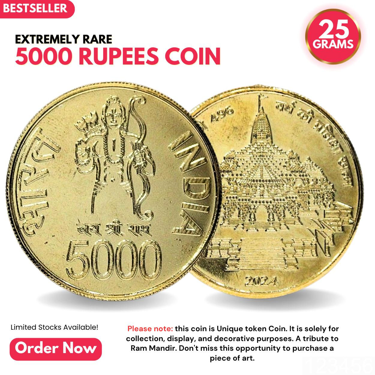 5000 Rupees (Ayodhya Ram Mandir) Collectible Goldplated Rare Fancy Coin
