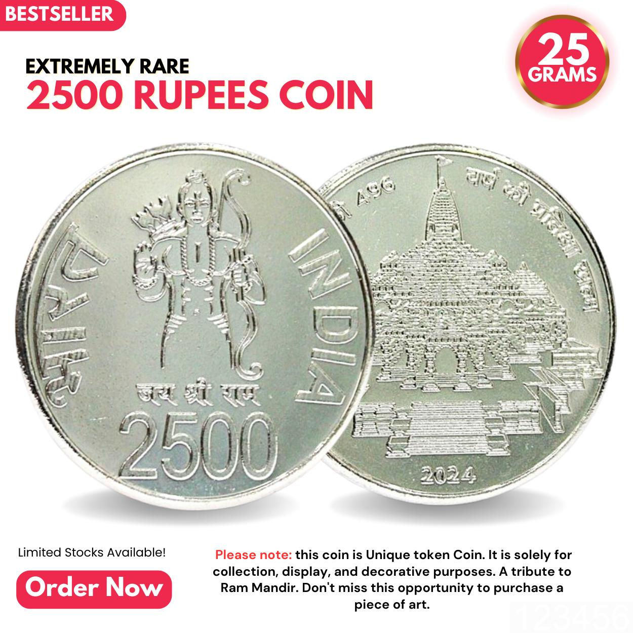 2500 Rupees (Ayodhya Ram Mandir) Collectible Silverplated Rare Fancy Coin