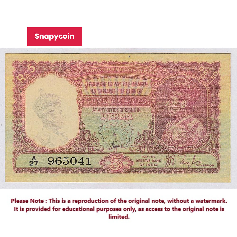5 Rs. Burma Issue, Signed By J.B Taylor Reproduction of old Note