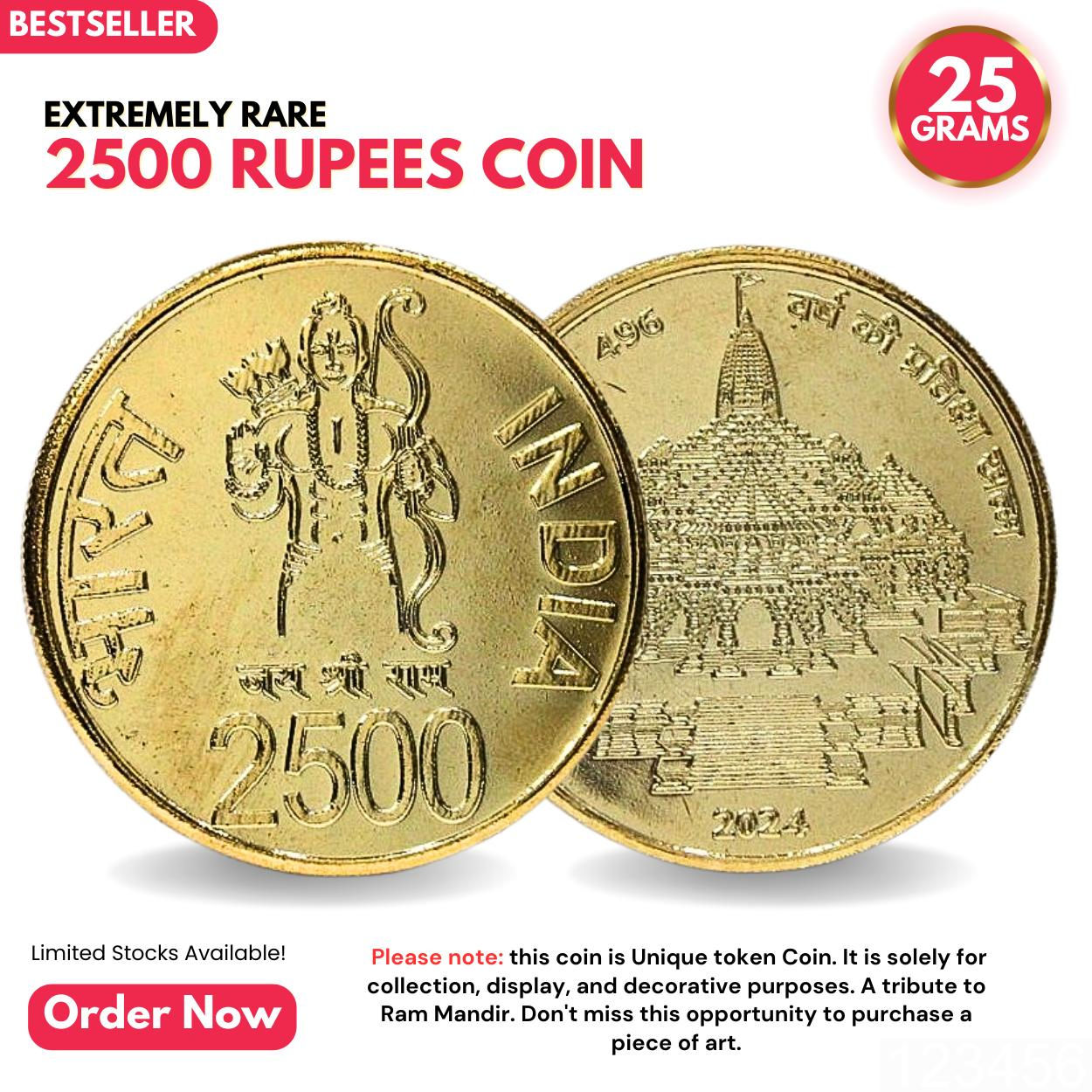 2500 Rupees (Ayodhya Ram Mandir) Collectible Goldplated Rare Fancy Coin